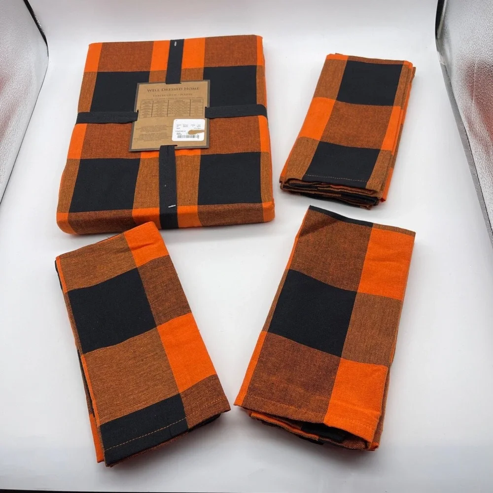 Well Dressed‎ Home Fall Black & Orange Plaid Tablecloth and 12 Napkins Set